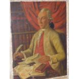 18th.C.FRENCH SCHOOL. PORTRAIT OF A GENTLEMAN IN HIS LIBRARY, OIL ON CANVAS IN PERIOD CARVED