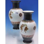 A PAIR OF EUROPEAN PORCELAIN VASES DECORATED WITH ROMAN WARRIORS IN OCHRE AND RED BETWEEN KEY SCROLL