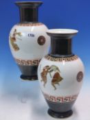 A PAIR OF EUROPEAN PORCELAIN VASES DECORATED WITH ROMAN WARRIORS IN OCHRE AND RED BETWEEN KEY SCROLL