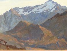 ENID M. VALE (1890-1968). ARR. A MOUNTAIN LANDSCAPE, SIGNED OIL ON BOARD, 26 x 35.5cms. TOGETHER