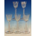 A SET OF FIVE JACOBITE AIR TWIST WINE GLASSES, THE BOWLS ENGRAVED WITH A STEM BEARING AN OPEN