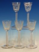 A SET OF FIVE JACOBITE AIR TWIST WINE GLASSES, THE BOWLS ENGRAVED WITH A STEM BEARING AN OPEN