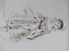 A 20th.C.COSTUME STUDY SIGNED BEATON, INSCRIBED VERSO, MOUNTED BUT UNFRAMED 35 x 25cms. TOGETHER