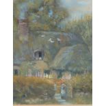 19/20th.C.ENGLISH SCHOOL. THE THATCHED COTTAGE, WATERCOLOUR. 22.5 x 17cms TOGETHER WITH A VIEW OF