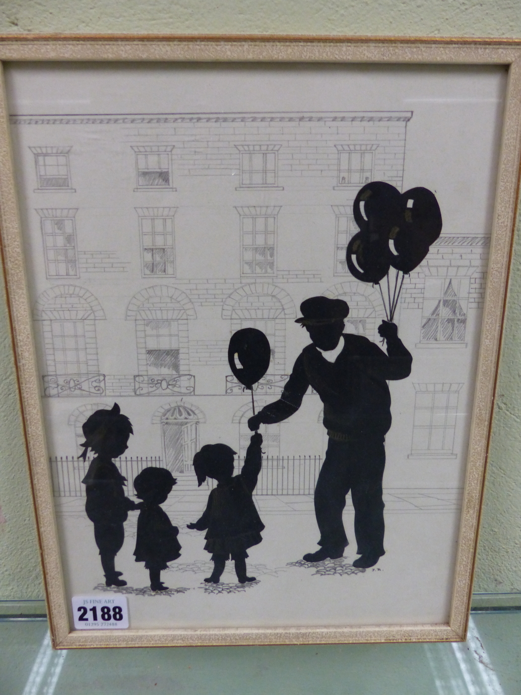 20th.C.ENGLISH SCHOOL. A SILHOUETTE OF A BALLOON VENDOR AND CHILDREN, INITIALLED I.B. PEN AND INK - Image 4 of 5