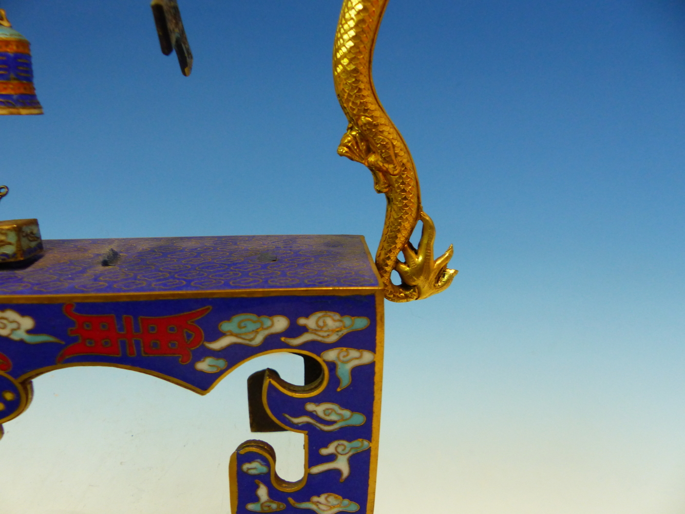 A CHINESE CLOISONNE BUDDHIST BLUE GROUND ALTAR SURMOUNTED BY GILT DRAGONS BREATHING FIREY CLOUDS - Image 11 of 55