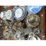 A QUANTITY OF SILVER PLATED WARES, 19TH C. AND LATER CHINA WARES ETC.