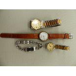 A 9ct GOLD VINTAGE WALTHAM WATCH, TOGETHER WITH TWO CITIZEN WATCHES AND A DKNY BRANDED WATCH.