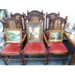 A SET OF SIZ ANTIQUE OAK BARLEY TWIST DINING CHAIRS.