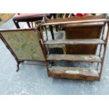 A MAHOGANY WALL SHELF AND A FIRE SCREEN WITH EMBROIDERED PANEL.