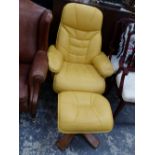 A FRAYLING FURNITURE LIMITED RECLINING SWIVEL ARMCHAIR AND MATCHING STOOL.