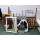 FIVE VARIOUS WALL MIRRORS, A THREE QUATER SIZE BED FRAME.