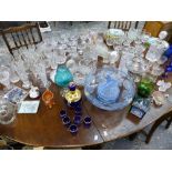 A LARGE VINTAGE BLUE GLASS CENTRE PIECE BOWL, A BLUE GLASS LIQUEUR SET, VARIOUS VASES AND DRINKING