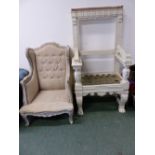 A FRENCH STYLE WNG BACK ARM CHAIR, AND A LARGE PAINTED OAK CHAIR FRAME.