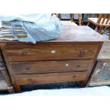 AN EASTERN HARDWOOD THREE DRAWER CHEST, A HALL TABLE, AND AN OCCASIONAL TABLE.