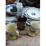 A PAIR OF DOULTON ENGLISH COTTAGES PATTERN VASES, VICTORIAN STAFFORDSHIRE PLATES, A TANKARD ETC.