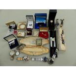 A GROUP OF IVORY MARKERS, TOGETHER WITH A QUANTITY OF WRISTWATCHES, SILVER AND COSTUME JEWELLERY.