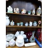 A GROUP OF DECORATIVE COLOURED GLASS WARES, TWO DOULTON CHARACTER JUGS, TEA WARES ETC.