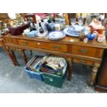 A REGENCY MAHOGANY SQUARE PIANO CONVERTED AS A THREE DRAWER SIDE BOARD/ SERVER.