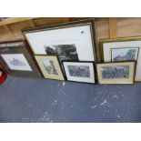 A QUANTITY OF VARIOUS PICTURES TO INCLUDE TWO WOVEN SILK TOWN SCENES.