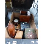 A BOX OF COLLECTIBLES TO INCLUDE A TIN DEED BOX, A HOOTER, OPERA GLASSES, A MANTLE CLOCK, DUMMY