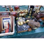 A QUANTITY OF BRASS WARES , A TIN CASH BOX, CLOCKS, FIGURINES, ETC.