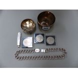 A HEAVY SILVER DOUBLE CURB NECKLACE, SILVER BOWL, COMMEMORATIVE COINS, A MOTHER OF PERAL AND