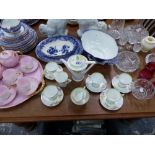 AN ART DECO STYLE TEA SET, A FURTHER TEA SET ON TRAY, CUT GLASS DECANTERS, TWO STAFFORDSHIRE FIGURES