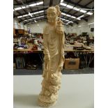 A LARGE 19TH C. FINELY CARVED JAPANESE IVORY FIGURE OR RAKAN SIGNED SKIKA TO TABLET IN BASE. H.