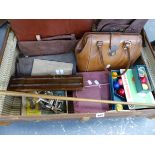 A VINTAGE WOOD SLAT TRUNK, A BOXED NURSERY CHINA TEA SET, LEATHER CASES ETC.