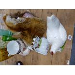 A FOX FUR STOLE, HEN ORNAMENT, THREE GLASS VASES ETC.