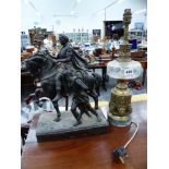 A TABLE LAMP AND A SPELTER FIGURE.