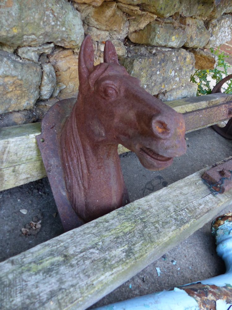 A PAIR OF VINTAGE AXLES, RAIN HOPPERS AND A WALL MOUNTED IRON HORSE HEAD. - Image 2 of 4