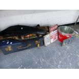 TWO GUN SLIPS, A SUITCASE, VINTAGE STYLE METAL SIGNS, ETC.