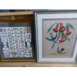 A WOVEN SILK PICTURE OF HUMMINGBIRDS, FRAMED CIGARETTE CARDS AND AN ORIENTAL WOVEN SCENE.