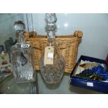 TWO CUT GLASS DECANTERS AND A BASKET TOGETHER WITH LADIES EVENING GLOVES, ETC.