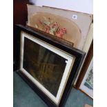 A VICTORIAN NEEDLEWORK PICTURE,AND A LARGE QUANTITY OF DECORATIVE FRAMED PRINTS.