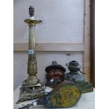 A BRASS TABLE LAMP, ANTIQUE BELLOWS, LEPRECHAUN ETC.