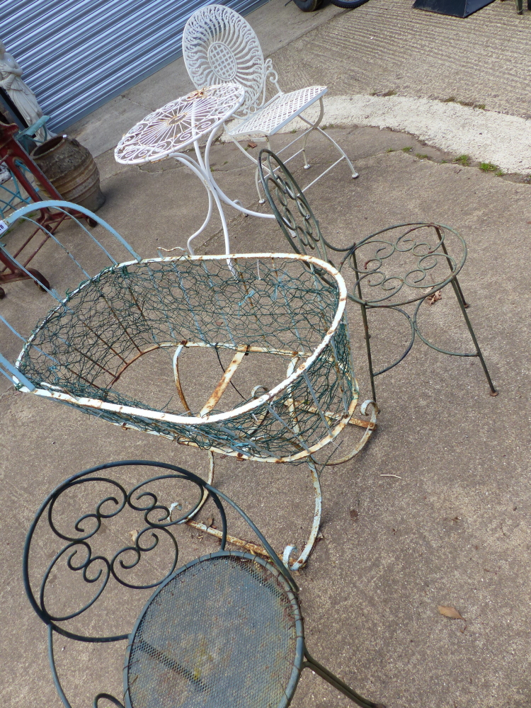 VARIOUS WROUGHT IRON PATIO FURNITURE AND A VINTAGE WROUGHT IRON CRADLE.