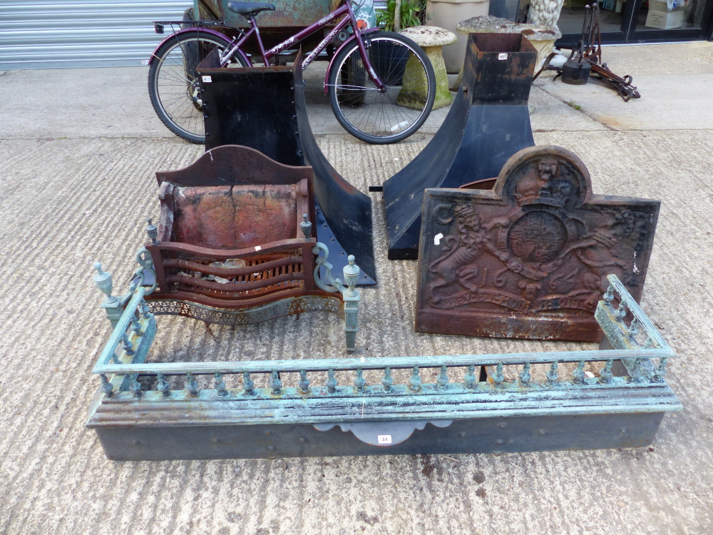 A CAST IRON FIRE BACK, TWO FIRE GRATES, TWO FIRE HOODS AND TWO FENDERS.