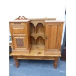 A PINE WALL SHELF, TWO BEDSIDE CABINETS AND A PINE COFFEE TABLE.