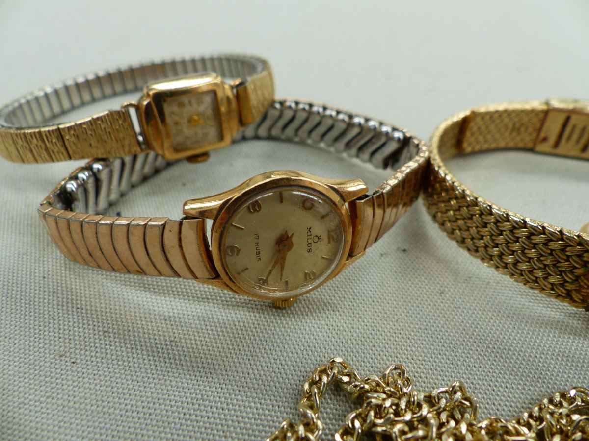 AN 18K GOLD HEAD ONLY MILUS WATCH, TOGETHER WITH A CARDINAL FOB PENDANT WATCH, A PONTAC WATCH AND - Image 3 of 7