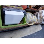 QUANTITY OF RECORDS, A WASH JUG AND BASIN, AND A QUANTITY OF VINTAGE NEWSPAPERS.