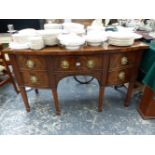 A 19TH C. MAHOGANY BOW FRONT SIDE BOARD.