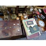 THREE MANTLE CLOCKS, VARIOUS GEORGIAN AND LATER WORK BOXES, VINTAGE BISCUIT TINS, A CUTLERY CANTEEN,