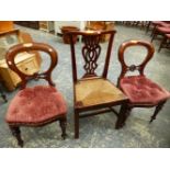 A PAIR OF VICTORIAN BALLOON BACK CHAIRS AND A COUNTRY SIDE CHAIR.