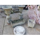 A PAIR OF GARDEN URNS WITH PLINTHS, PLANTERS ETC.