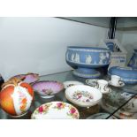WEDGEWOOD JASPER WARES, VARIOUS PIN TRAYS, A ROYAL WORCESTER DECORTED APPLE.