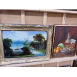 A REVERSE GLASS PAINTING AND AN OIL PAINTING.