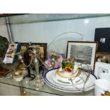 A QUANTITY OF ORNAMENTAL CHINA, GLASS, PICTURE FRAMES ETC.